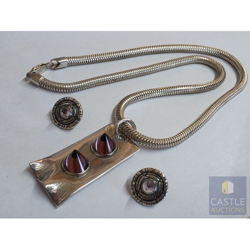 857P - Contemporary 925 Sterling Silver Modernist Jewellery Suite, Comprising Heavy Snake-Link Necklace wit... 