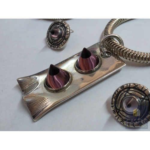 857P - Contemporary 925 Sterling Silver Modernist Jewellery Suite, Comprising Heavy Snake-Link Necklace wit... 