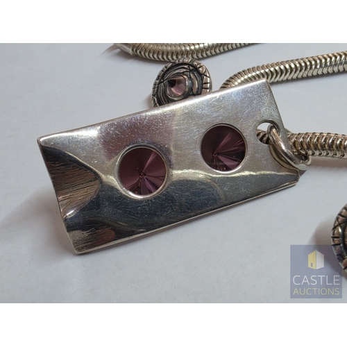 857P - Contemporary 925 Sterling Silver Modernist Jewellery Suite, Comprising Heavy Snake-Link Necklace wit... 