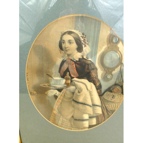 16 - Victorian hand coloured print of a maiden housed in a birdseye maple frame