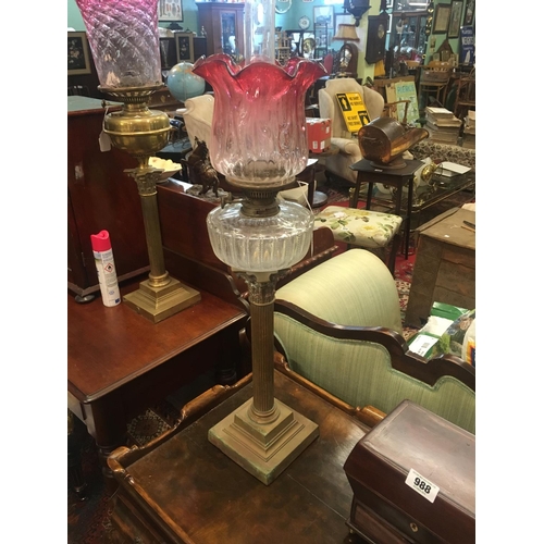 935 - Victorian corinthian column brass lamp with cut glass bowl and ruby shade.