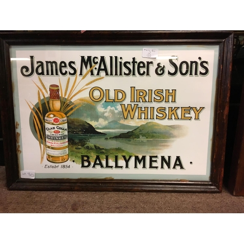 80 - James Mc'Allister & Sons OLD IRISH WHISKEY BALLYMENA framed advertisement.