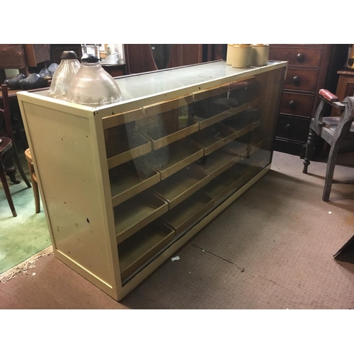 86 - 1930's mahogany haberdashery display counter with drawer. (90 cm H x 184 cm L x 82 cm W)