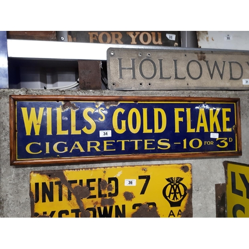 34 - Wills Gold Flake Cigarette enamel sign.