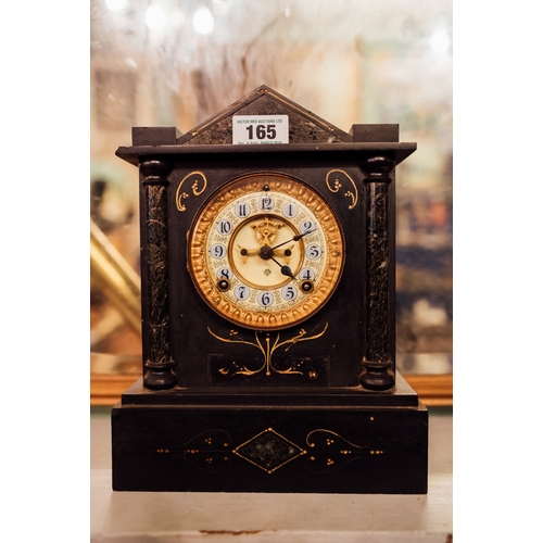 165 - Edwardian slate and marble mantle clock {33 cm H}.