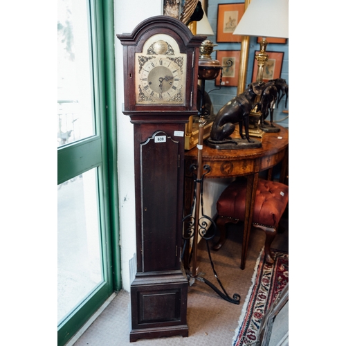 639 - Edwardian mahogany granddaughter clock with brass dial.