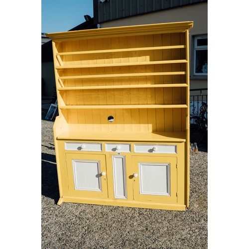 646 - Early Victorian Irish painted pine dresser three drawers over two doors. { 206cm H x 157cm W x 39cm ... 