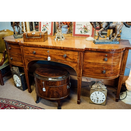 76 - Bow fronted mahogany inlaid Sheraton sideboard one long centre drawer flanked by two curved drawers ... 