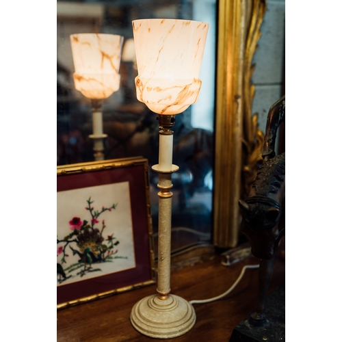 78 - Pair of decorative table lamps with end of day glass shades.