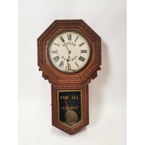 160 - Early 20th. C. Ulster Manures  - For All Crops advertising oak drop dial clock. { 85cm H X 47cm W }.