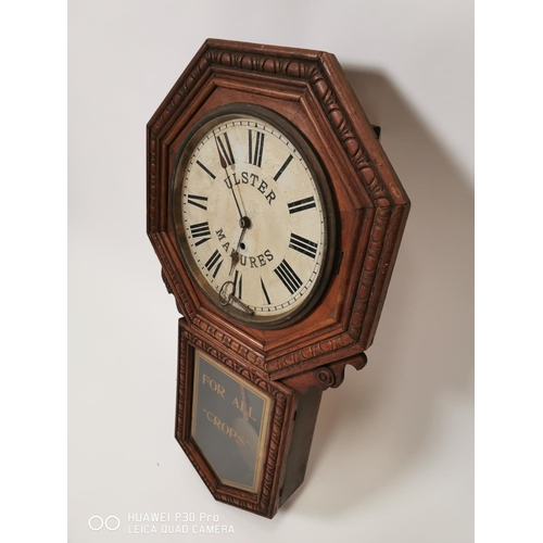 160 - Early 20th. C. Ulster Manures  - For All Crops advertising oak drop dial clock. { 85cm H X 47cm W }.