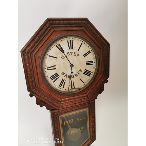 160 - Early 20th. C. Ulster Manures  - For All Crops advertising oak drop dial clock. { 85cm H X 47cm W }.