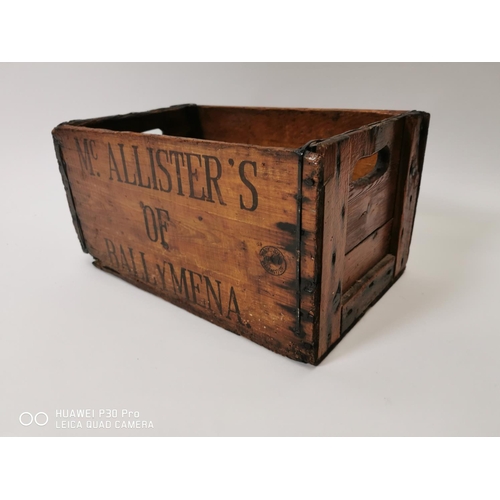 172 - Mc Allister's Of Ballymena wooden beer crate. { 22cm h X 43cm W X 27cm D }.