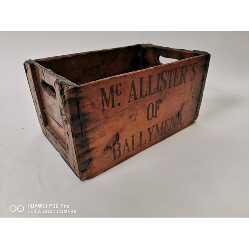 172 - Mc Allister's Of Ballymena wooden beer crate. { 22cm h X 43cm W X 27cm D }.