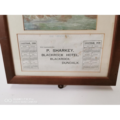 182 - P. Sharkey Blackrock Hotel Blackrock Dundalk 1930 calender. { 63cm H X 35cm W }.