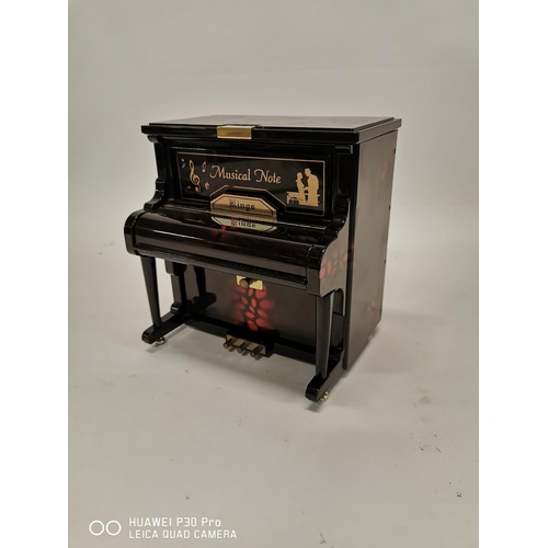 351 - Unusual music box in the form of a piano. {19cm H X 18cm W X 14cm D }.