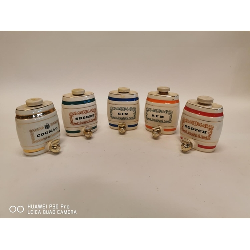 359 - Set of five ceramic spirit barrels.   -  Cognac, Sherry, Gin, Rum and Scotch. { 12cm H X 9cm W X 10c... 