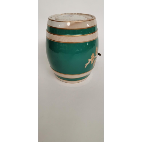 76 - 19th C. Peppermint  green and gold ceramic dispenser.  { 19cm H X 16cm W }.