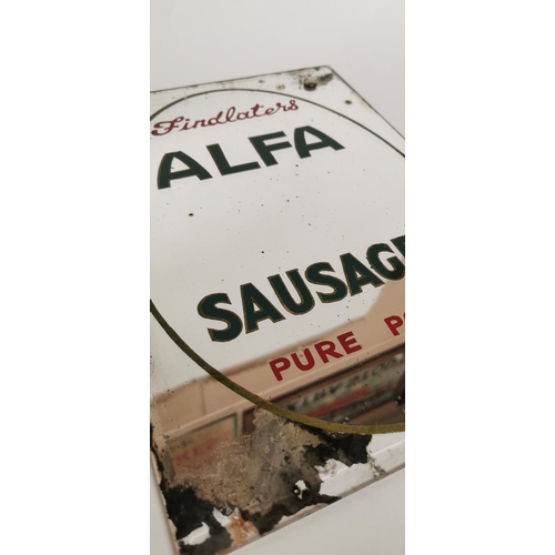 93 - Early 20th C. Alfa Sausages advertising mirror.  { 35cm H X 25cm W }.