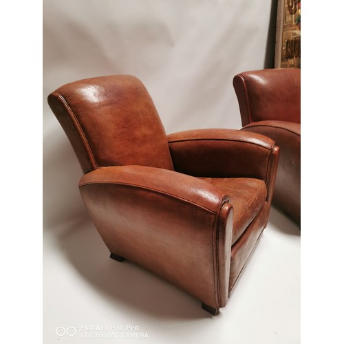 145 - Pair of exceptional quality 1940's leather upholstered club chairs. { 84cm H X 80cm W X 91cm D }.