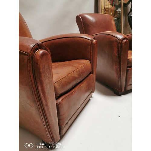 145 - Pair of exceptional quality 1940's leather upholstered club chairs. { 84cm H X 80cm W X 91cm D }.