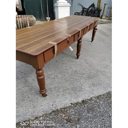 149 - 19th . C. painted pine table with twelve drawers on turned legs. (74 cm h x 274 cm L x 87 cm D)