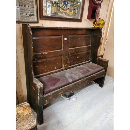 Painted pine pub settle bench with panelled back and shaped sides