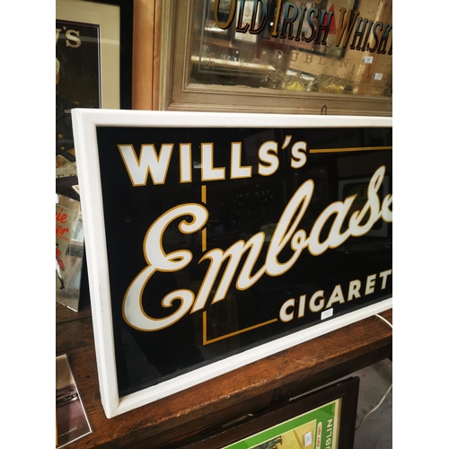 1002 - Wills's Embassy Cigarettes reverse painted glass framed advertising sign {52 cm H x 97 cm W}.