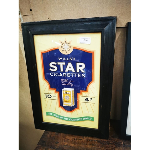 1016 - Will's Star Cigarettes - Ten for 4d framed advertising showcard {46 cm H x 33 cm W}.