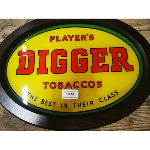 1034 - Player's Digger Tobacco reverse paited glass framed advertising sign {29 cm H x 40 cm W}.