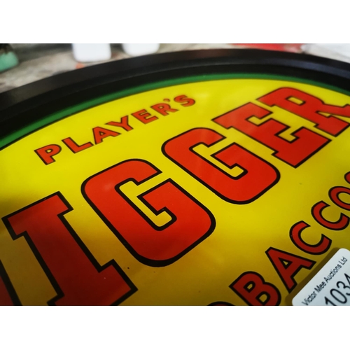 1034 - Player's Digger Tobacco reverse paited glass framed advertising sign {29 cm H x 40 cm W}.