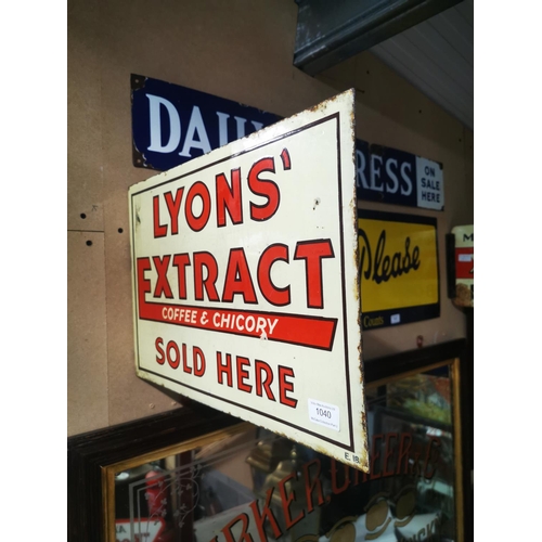 1040 - Lyons Extract Coffee and Chicory Sold Here double sided enamel advertising sign {30cm H X 45cm W}