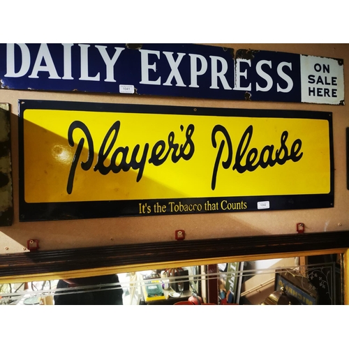 1042 - Player's Please - It's The Tobacco That Counts enamel advertising sign {30 cm H x 91 cm W}.