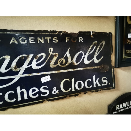 1066 - Agent for Ingersoll Watches & Clocks enamel advertising sign {37 cm H x 70 cm W}.