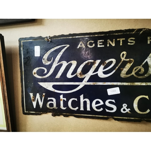 1066 - Agent for Ingersoll Watches & Clocks enamel advertising sign {37 cm H x 70 cm W}.