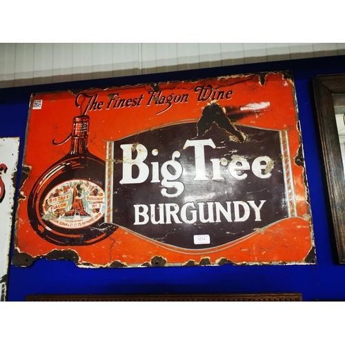 1074 - The Finest Flagon Wine Big Tree Burgundy enamel advertising sign {57 cm H x 75 cm W}.