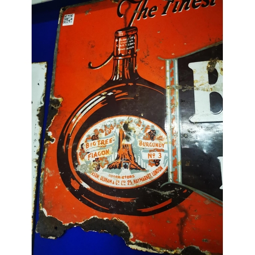 1074 - The Finest Flagon Wine Big Tree Burgundy enamel advertising sign {57 cm H x 75 cm W}.