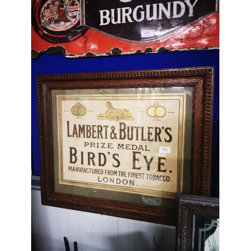 1075 - Lamber & Butler's Prize Medal Birds Eye Tobacco framed advertising print {53 cm H x 64 cm W}.