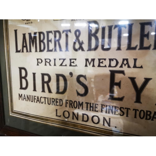 1075 - Lamber & Butler's Prize Medal Birds Eye Tobacco framed advertising print {53 cm H x 64 cm W}.