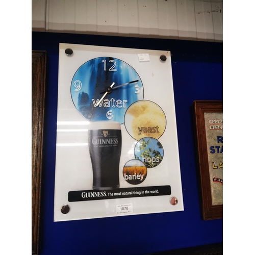 1078 - Guinness Water Yeast Hops and Barley advertising battery wall clock. {42cm H X 30cm W}.