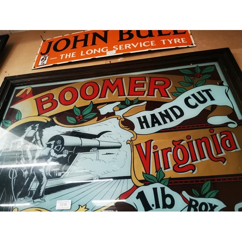 1216 - Boomer Hand Cut Virgina Tobacco reverse hand painted glass advertising sign {63 cm H x 87 cm W}.