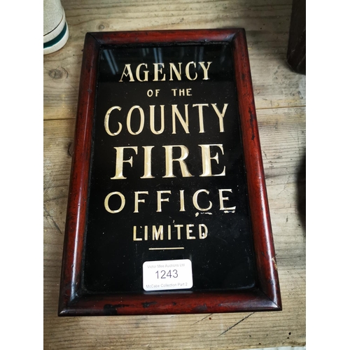 1243 - Agency of the County Fire Office Ltd framed glass advertising sign {26 cm H x 16 cm W}.