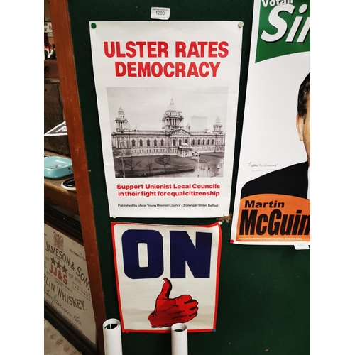 1283 - Two Unionist posters - Ulster Rates Democracy {45 cm H x 31 cm W} and NO {40 cm H x 30 cm W}.