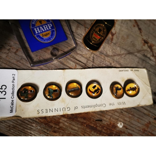 135 - Set of Guinness cufflinks, Guinness keyring, Jameson keyring and Harp cork puller.