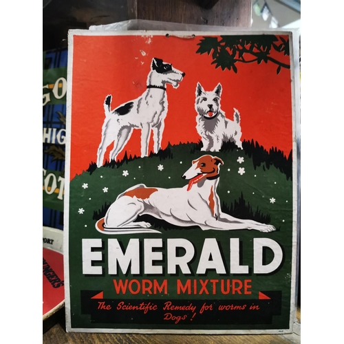 177 - Emerald Worm Mixture For Dogs advertising showcard. { 32cm H X 24cm W }.