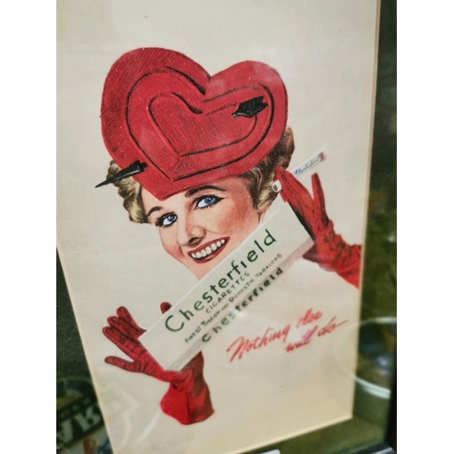 198 - 1950's Chesterfield Cigarettes framed advertising showcard {33 cm H x 23 cm W}.