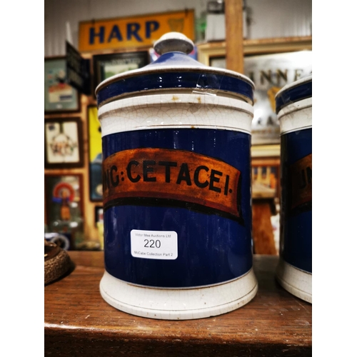 220 - Pair of 19th. C.  blue and white ceramic chemists jars. { Each 25cm H X 14cm W }.