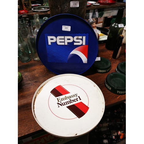 240 - Two plastic drink's trays  - Embassy No 1 and Pepsi. { Each 31cm Dia. }