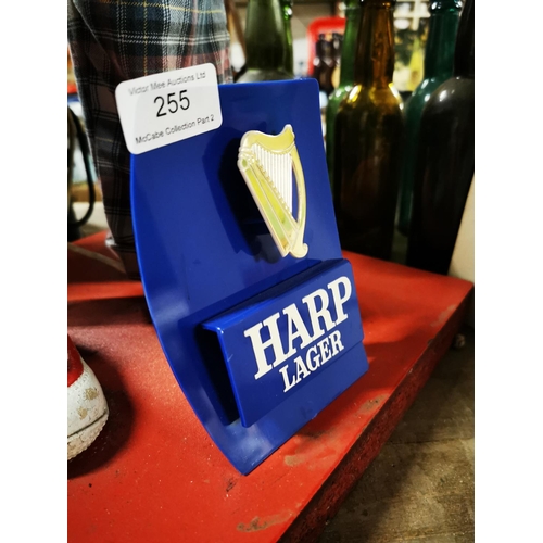 255 - Harp Lager Perspex counter display sign { 14cm H X 11cm W }.