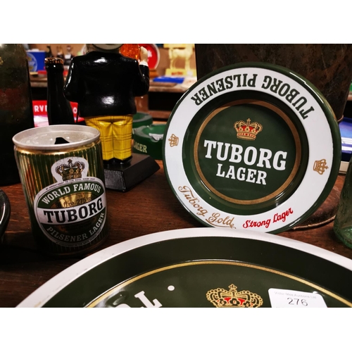 276 - Tuborg tinplate drink's tray { 27cm Dia } ashtray and beer can.